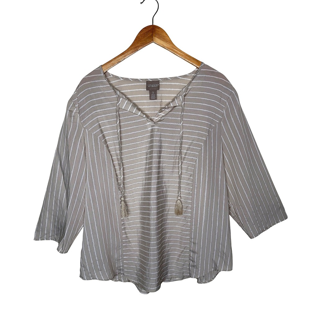 Chico's Striped Tunic XL Taupe Silver Metallic Boho Tassel Top V-Neck Resort